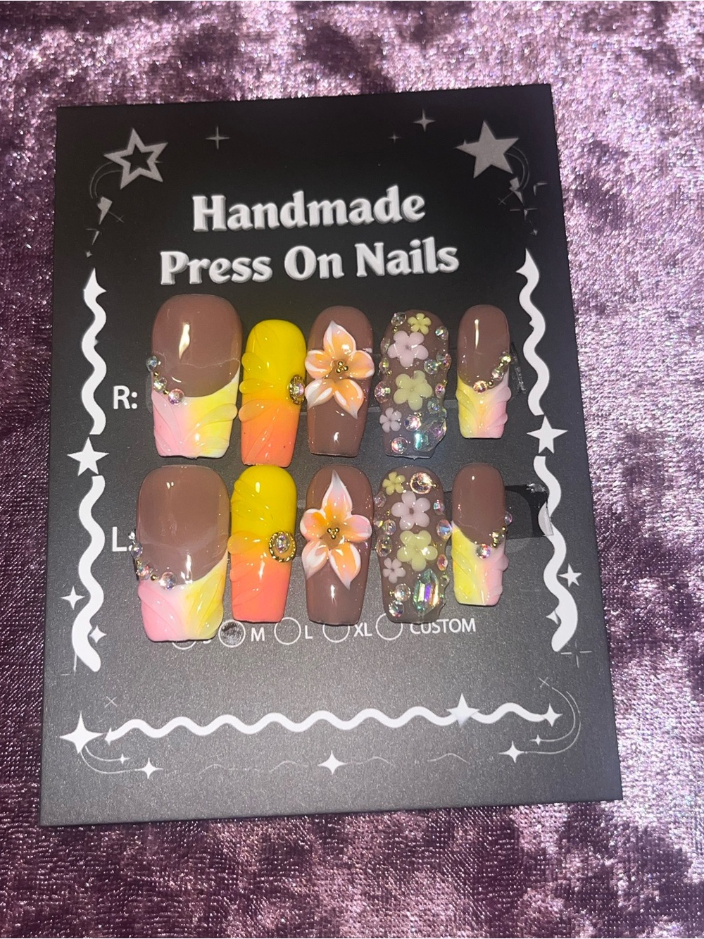 Handmade Press On Nails - Pink, Yellow & Brown Floral Set